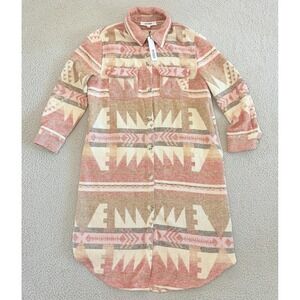 BB Dakota Duster Shirt Jacket Large Flannel Pink Tan Aztec Shacket Southwestern